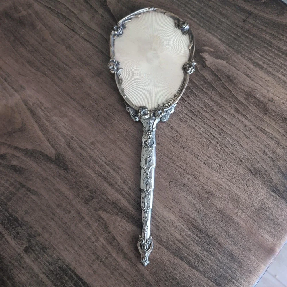 Large Vintage Art Nouveau Hand Mirror Ornate Rose Floral Silver Gold Tone Vanity
